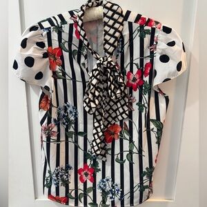 Tie Neck Mixed Floral Print Blouse L